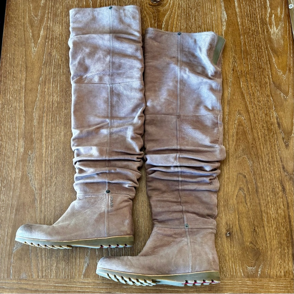 EUC taupe slouchy Prada flat calfskin boots 39 / 8 - Picture 6 of 16